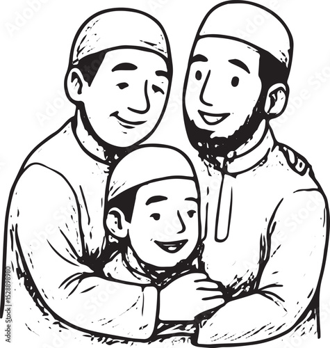 llustration of a father holding a child, both in modest clothing, showcasing tender parental love and Islamic family values