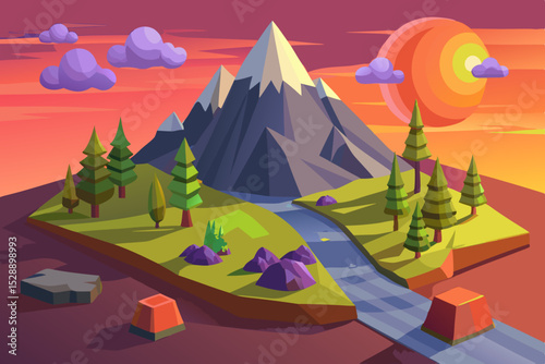 Colorful Low Poly Mountain Landscape at Sunset