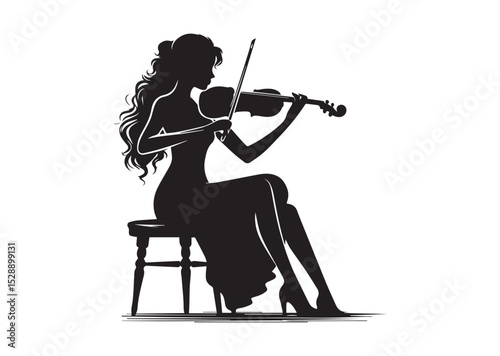 A woman playing the violin. She is sitting on a stool and is holding the bow with both hand Silhouette Vector