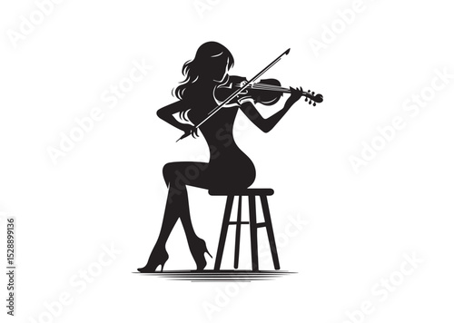 A woman playing the violin. She is sitting on a stool and is holding the bow with both hand Silhouette Vector