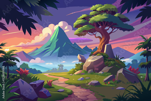 Colorful Cartoon Landscape with Mountain and Path
