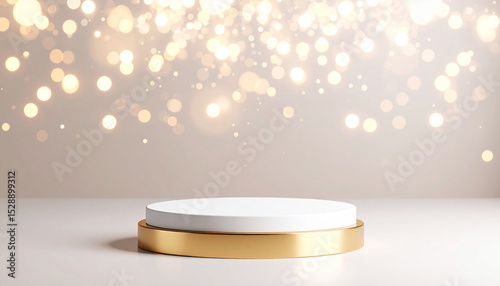 An exhibition stage concept with a circular product display stand with bright and colorful lights in movie-like lighting.