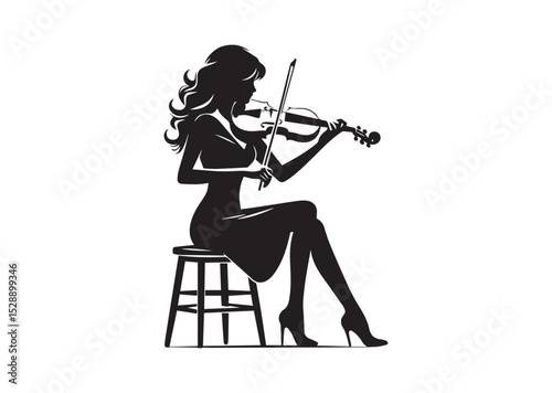 A woman playing the violin. She is sitting on a stool and is holding the bow with both hand Silhouette Vector
