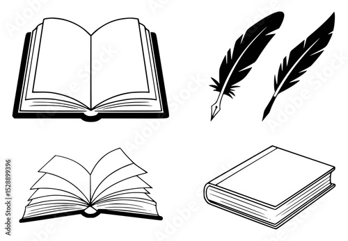 Black and white book and feather pen vector illustrations