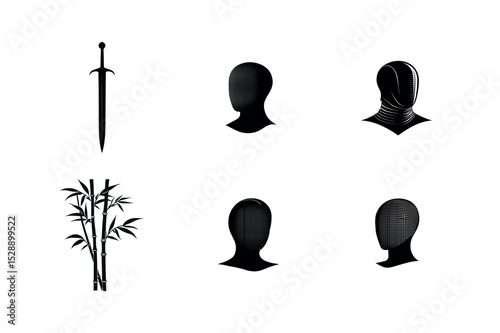 Sword fencing masks bamboo silhouettes graphic design
