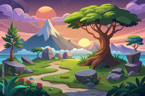 Sunrise Landscape with Mountain and Path