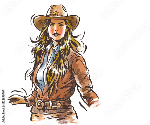 cowgirl in dress with a  hat digital art for card decoration illustration