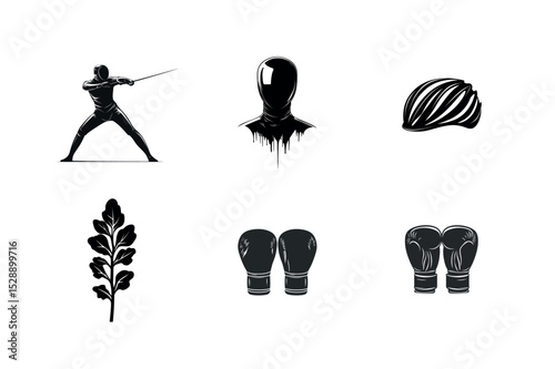 Silhouette icons of combat sports and equipment