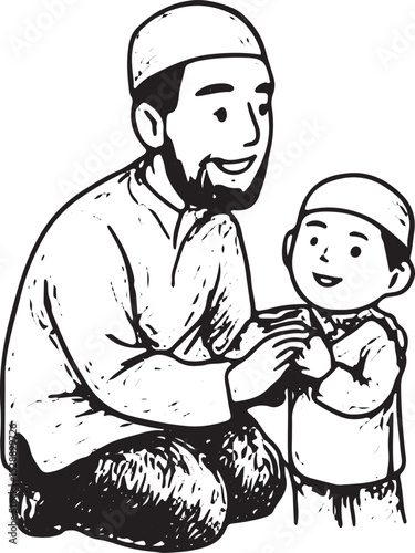 llustration of a father holding a child, both in modest clothing, showcasing tender parental love and Islamic family values