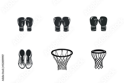 Boxing gloves basketball shoes and hoops icon set
