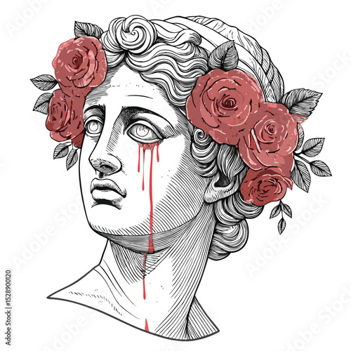 Surreal line art illustration of an isolated statue's eye weeping roses; intricate detail, minimalist style.