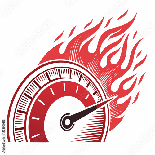 A stylized illustration of a tachometer needle violently peaking in the red zone, engulfed by stylized flames.  High detail, vibrant colors.