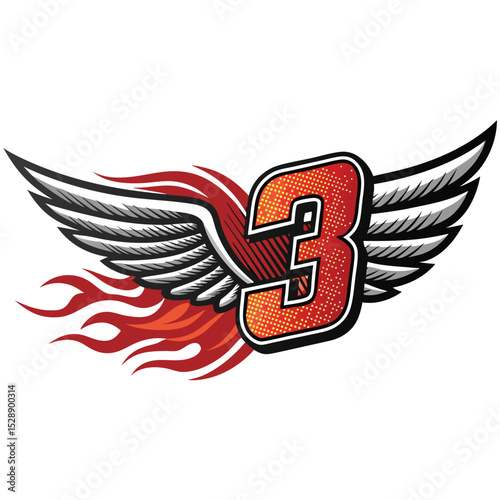 Design a stylized racing number 7 with vibrant flames trailing behind and majestic wings attached, suitable for a motorsport logo.