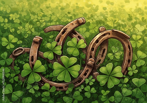 Rusty horseshoes nestled amongst vibrant green shamrocks a whimsical St Patricks Day illustration