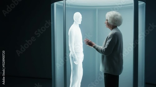 Emotional reunion in a futuristic hologram setup showcasing technology's impact on grief and remembrance