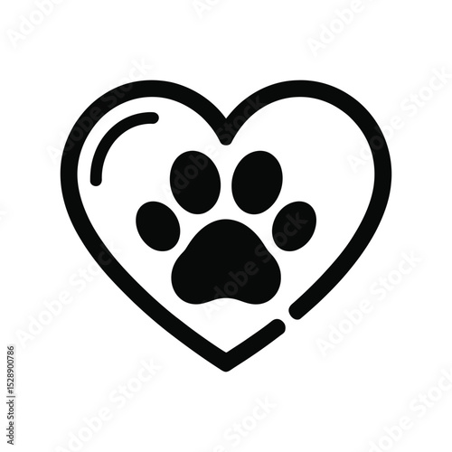 Black heart-shaped outline with a paw print inside symbolizes love for pets and animals.