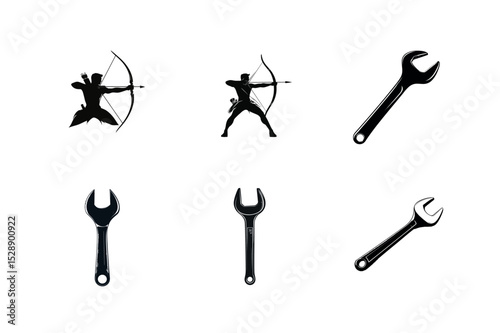 Archer silhouettes and wrench icons set
