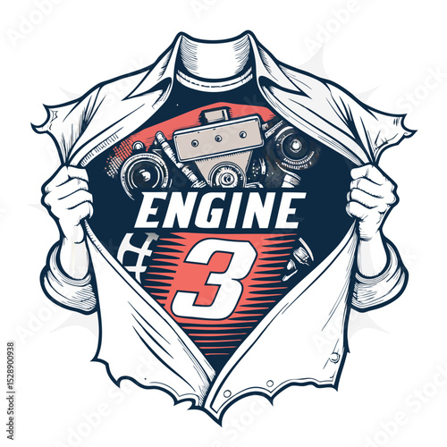 A close-up shot of a ripped racing shirt revealing a powerful engine and race number; dramatic lighting, high detail.