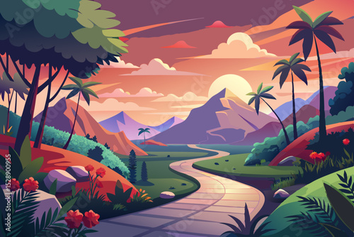 Colorful Sunrise Landscape with Winding Road