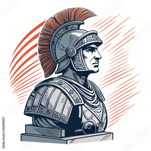 Minimalist single-line drawing of a Roman soldier statue, detailed yet elegant, within a circular frame.