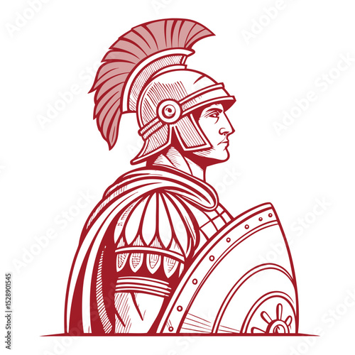 Create a minimalist single-line drawing of a Roman soldier statue, emphasizing its sculptural form and imposing presence within a classical architectural setting.