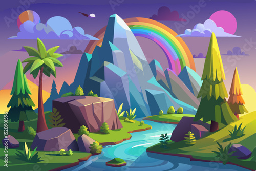 Colorful Mountain Landscape with Rainbow