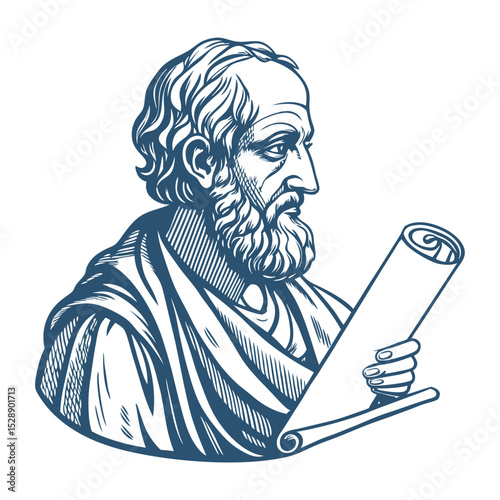Create a minimalist single-line drawing of a philosopher's bust holding a scroll, emphasizing elegant curves and conveying wisdom.