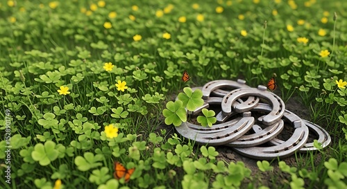 Lucky Horseshoe Charms Resting in a Field of Clover and Yellow Flowers