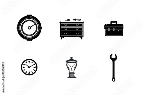 Black and white icons set of tools time and ideas