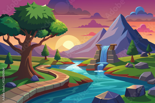 Sunrise Landscape with Waterfall and Path
