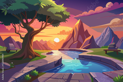 Mountain Valley Sunset Scene with Water Feature