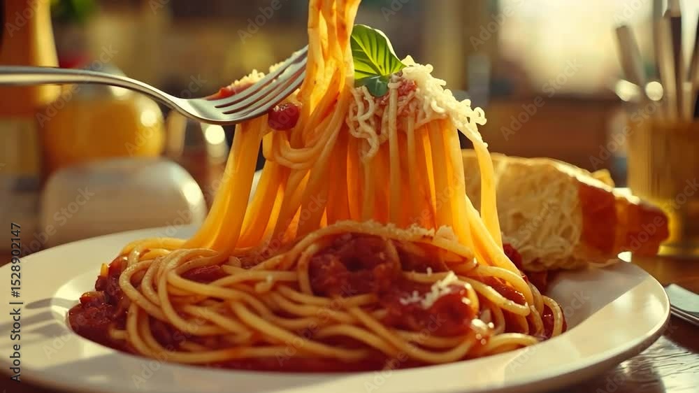 Sunlit spaghetti with tomato sauce, basil, and parmesan cheese, served on a plate alongside a bread roll