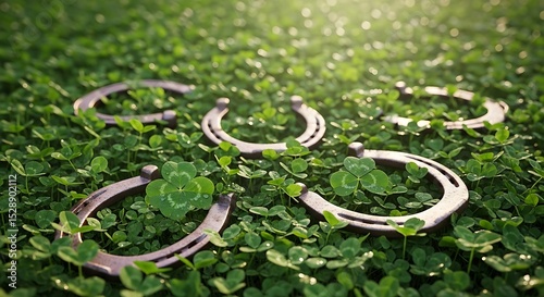Lucky Horseshoes nestled in vibrant green clover leaves a St Patricks Day celebration scene
