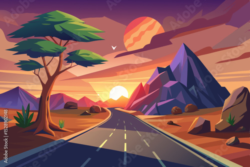 Sunset Road Through Colorful Mountains