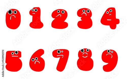 set of number character design with isolated background. Red Cartoon Number Characters from Zero to Nine with with eyeballs and teeth. Designed for Educational or visuals with isolated background 