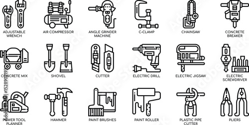 Comprehensive Collection of Construction Tools Icons  Adjustable Wrench, Air Compressor, Angle Grinder, and More –  High-Quality Vector EPS Graphics