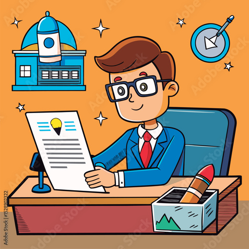 Vector illustration of a Businessman reviews important document.