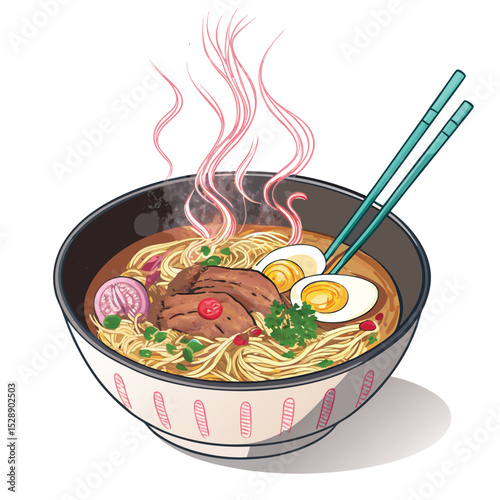 A steaming bowl of ramen noodles, garnished with futuristic, vibrant holographic toppings.  The broth is rich and flavorful.
