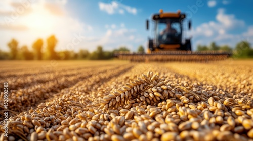 Wide shot of a tractor harvesting golden wheat grains in a vast field du sunny weather with blue sky and clouds
