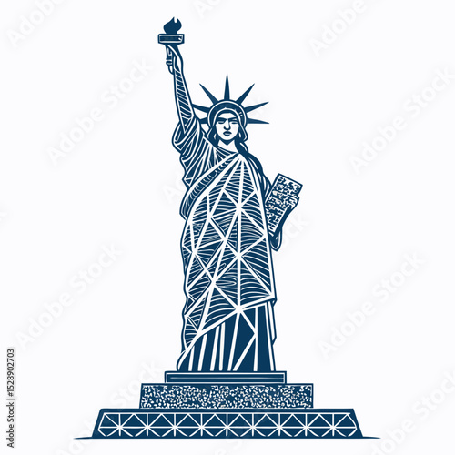 A majestic statue, intricately adorned with bold, single-stroke geometric patterns, creating a striking visual contrast.