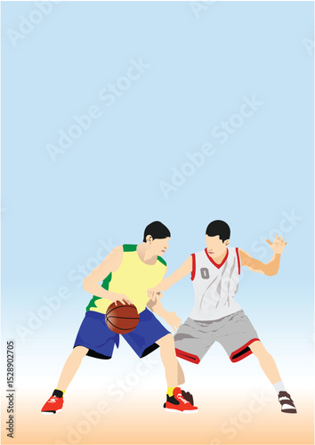 031-12-Two basketball players are competing for the ball during a match on the court. Hand drawn illustration