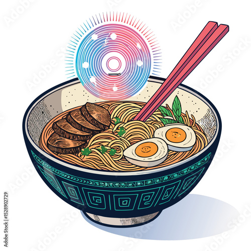 A steaming bowl of ramen, featuring vibrant, futuristic holographic toppings that shimmer and glow, presented against a dark background.