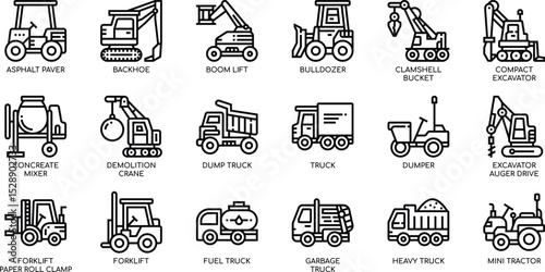 Comprehensive Collection of Construction Vehicle Icons  Detailed Illustrations of Excavators, Bulldozers, Trucks, and More for Design Projects