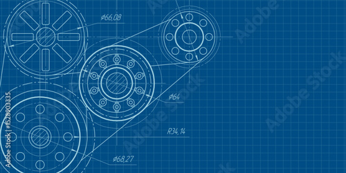 School education, study. Gears. Engineering industry. Technical drawing of gear .Technology background. Vector illustration.
