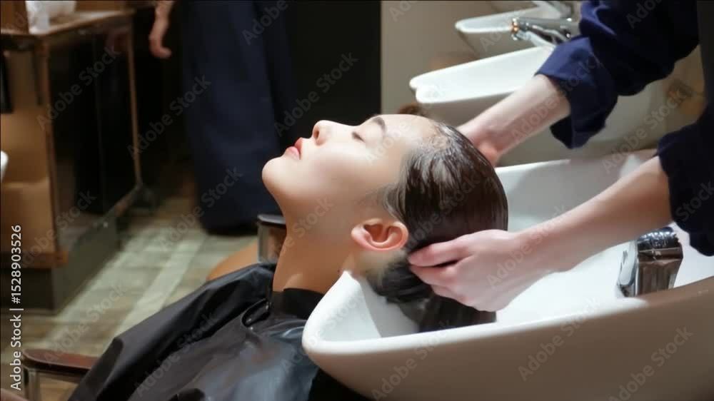 Serene Hair Treatment: A tranquil scene unfolds as a woman experiences a relaxing hair washing treatment in a stylish salon setting. The image evokes a sense of rejuvenation and self-care. Serene Hair Treatment: A tranquil scene unfolds as a woman experiences a relaxing hair washing treatment in a stylish salon setting. The image evokes a sense of rejuvenation and self-care.