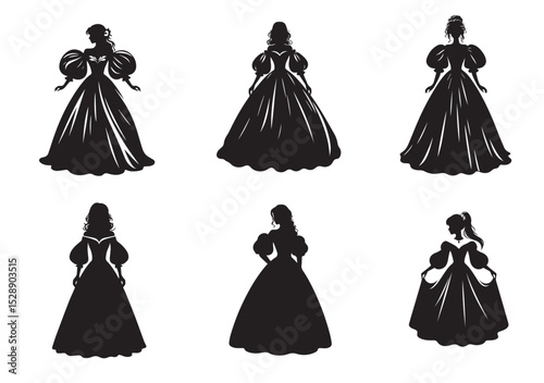 A Women wearing a long dress or gown with puffed sleeves Silhouette Vector Set