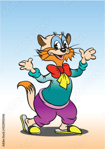 031-20-Happy cartoon cat wearing colorful clothes and a bow tie is walking and smiling. Hand drawn illustration