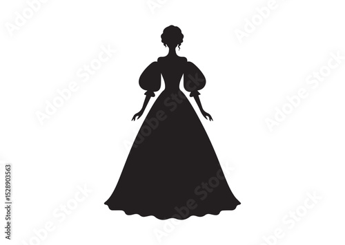 A Women wearing a long dress or gown with puffed sleeves Silhouette Vector