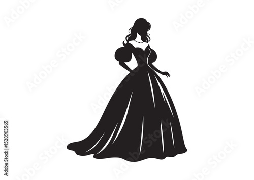 A Women wearing a long dress or gown with puffed sleeves Silhouette Vector