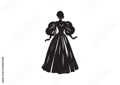 A Women wearing a long dress or gown with puffed sleeves Silhouette Vector